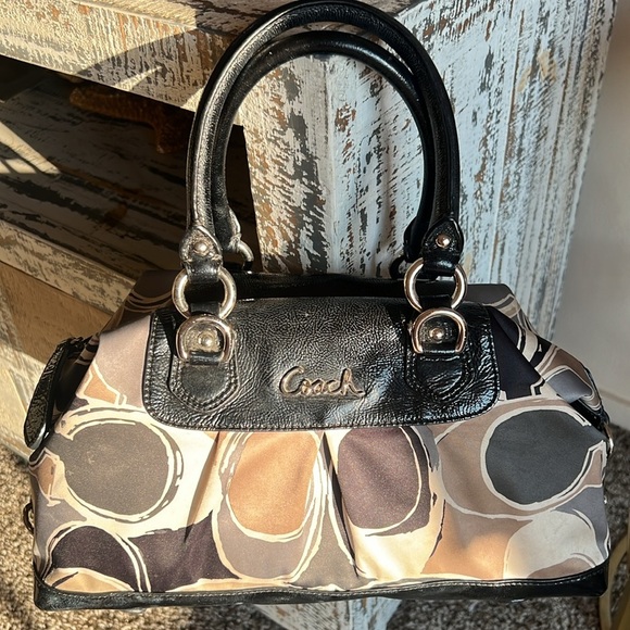 Coach Ashley Silk Handbag Brown Black Tan Patterned - Picture 8 of 11